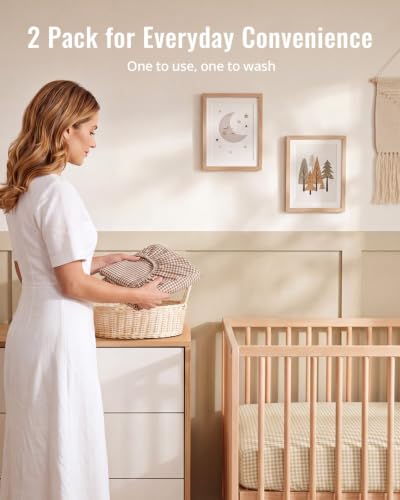 Image of Blissful Diary Muslin Crib Sheets, 2 Pack, Beige Gingham & Brown Gingham | fitted for 52''x28'' crib mattress, soft and breathable cotton, boho style, easy care for machine wash, gift for boy and girl