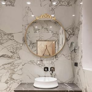 Vintage Round Wall Mirror, Distressed Metal Frame Accent Mirror with Embossed Carved Decorative Top for Bathroom Living Room Bedroom Entryway, Antique Gold Finish (23.6 Inch)