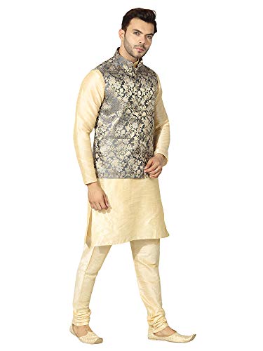 Image of Uri and MacKenzie Men's Silk Blend Regular Kurta Churidar Pyjama with Bundi Nehru Jacket /Waistcoat