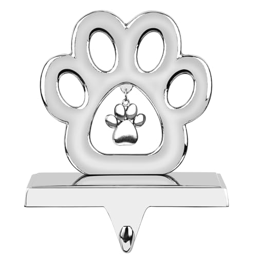 Eaezerav Dog Paw Christmas Stocking Holder, 3D Silver Metal Stocking Holder with Pendant Pet Stocking Hangers for Mantle Fireplace Table Christmas Decoration