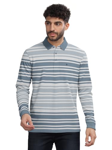Image of BULLMER Striped Textured Printed Polo Neck Fullsleeve T-Shirt with Rib for Men