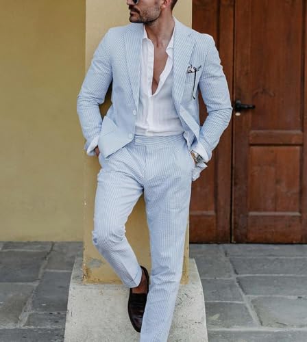 2 Pieces Men's Suits Striped Seersucker Set Slim Fit Mens Jacket Pants Lightweight Set for Casual Summer Beach Wedding4