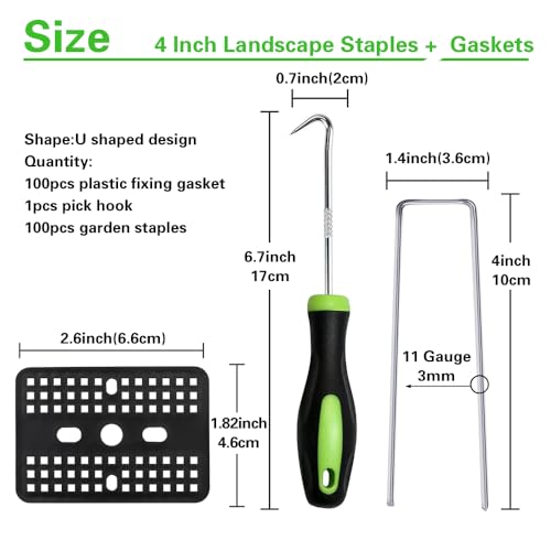 Bakulyor 100Pcs Landscape Staples + 100Pcs Gasket, 4 Inch Garden Stakes Staples 11 Gauge U Shaped Galvanized Lawn Landscape Pins, Heavy Duty Yard Ground Pin for Weed Barrier Sod Fabric Decorations - Thumbnail 2