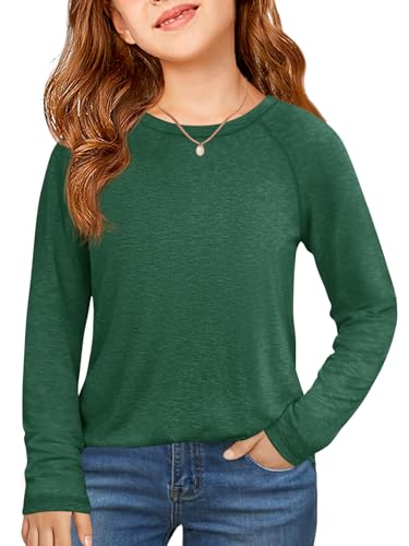 Haloumoning Girls Raglan Long Sleeve Shirts Kids Curve Hem Crewneck Tunic Tops Fashion T-Shirts 5-14Y Deep Green