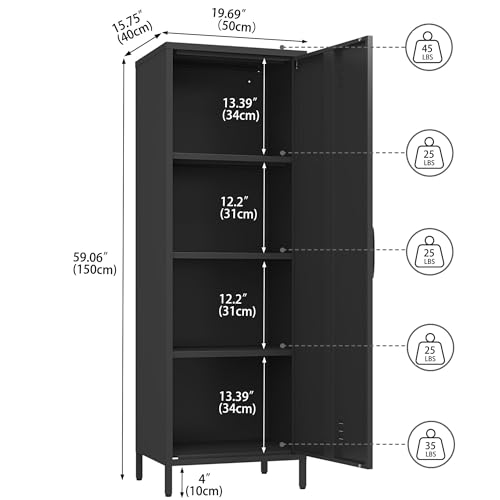 Steehoom Metal Storage Cabinet, Steel File Locker with 3 Shelves 59.06-inch high for School, Living Room, Bedroom, Office (Black)