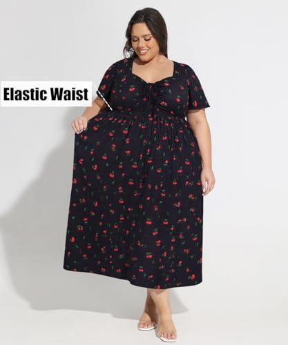Image of CARCOS Plus Size Dresses for Curvy Women Tie Sweetheart Neck Summer Maxi Dress Short Sleeve Empire Waist Floral Boho Dress