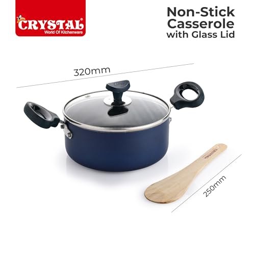 Image of Crystal Aluminium Non Stick Caserolle with Glass lid | PFOA Free | 320 mm | Blue