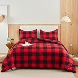 Anrenoti Red Black Plaid Comforter Set, 3 Pieces Fluffy Buffalo Plaid Down Alternative Comforter Full (79'x90'), Lightweight Microfiber Geometric Bedding with 2 Pillowcases for All Seasons