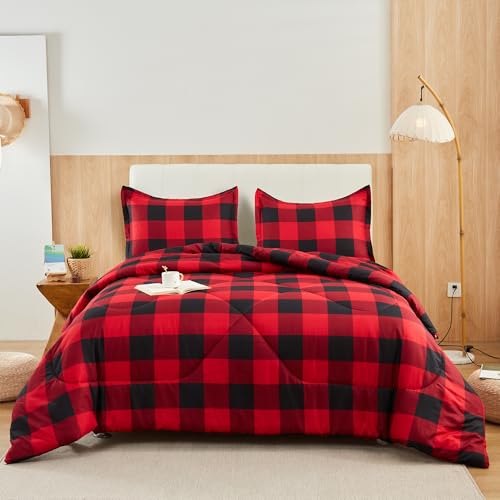 Anrenoti Red Black Plaid Comforter Set, 3 Pieces Fluffy Buffalo...