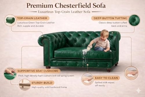 Image of Modern Classic Design Leatherette Luxury Chester Sofa Set with Button Tufted, Sofa for Living Room Home, Office, Bar, Hotel, Restaurant and Lobby Furniture Living Room Set (Green, 1 Seater Sofa)