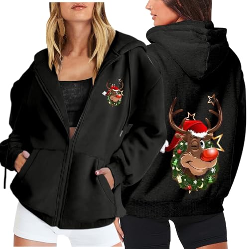 hoodie damen, Weihnachten Hoodie Damen Sweatjacke Lustige 3D Druck Weihnachtspullover Kapuzenjacke Oversize Casual Zipper Sportjacke Leichte Weihnachts Kapuzenpullover Sweatshirt Jacke Schwarz XXL