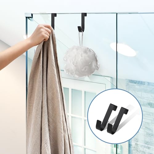 WLLHYF 5 StückHandtuchhaken, Universal Türhaken Edelstahl Wasserdicht Haken Türgarderobe zum Einhängen für Badezimmer Rahmenlose Glastür, 2,1 cm (Mattschwarz)