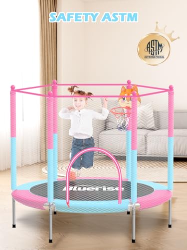 Image of BLUERISE 55IN 6FT Indoor /Outdoor Toddler Trampoline for Kids | Galvanized Steel Pipe,Multiple Activity Accessories,110lb,Safety Enclosure,Basketball Hoop,No-Gap Design,Anti-Rollover Bottom