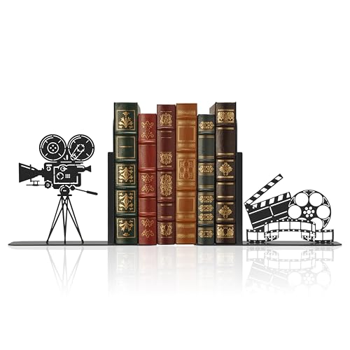Vintage Camera Movie Reel Patterned Metal Bookend, Home Theater Decor