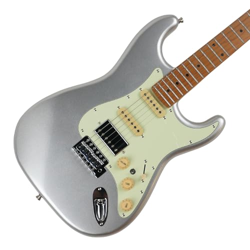 Image of SEST600 HSS Strat Electric Guitar | Roasted Maple Neck | Coil Split Humbucker | 22 Frets | 5-Way Switch | Gloss Finish | Premium Tremolo System | Strat Style Electric Guitar (SILVER SURFER)