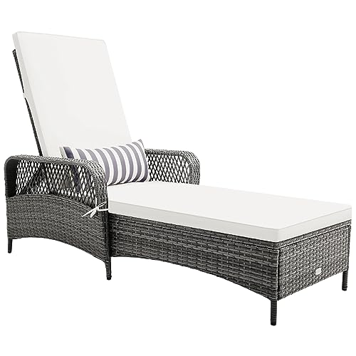 HAPPYGRILL Patio Rattan Chaise Lounge, Outdoor PE Wicker Sun Lounger with Adjustable Backrest, Removable Cushion & Pillow, Reclining Chaise Lounge Sunbed for Balcony Poolside Yard