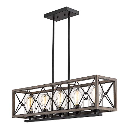FEMILA 5-Light Kitchen Island Light, Farmhouse Linear Pendant Lighting Fixture with Clear Glass Lamplshade, Metal Frame, Antique Wood Grain Paint Finish, 4FY42-5 WB FEMILA 5-Light Kitchen Island Light, Farmhouse Linear Pendant Lighting Fixture with Clear Glass Lamplshade, Metal Frame, Antique Wood Grain Paint Finish, 4FY42-5 WB