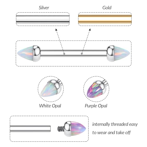 Peaklink Titanium Tongue Ring Tongue Piercing Jewelry Gold Nipple Jewelry Pair Nipple Ring 14G Internally Threaded Nipple Barbell White Cone Opal Bridge Nipple Barbells Set Straight Nipple Bars For Women 16Mm thumb #3