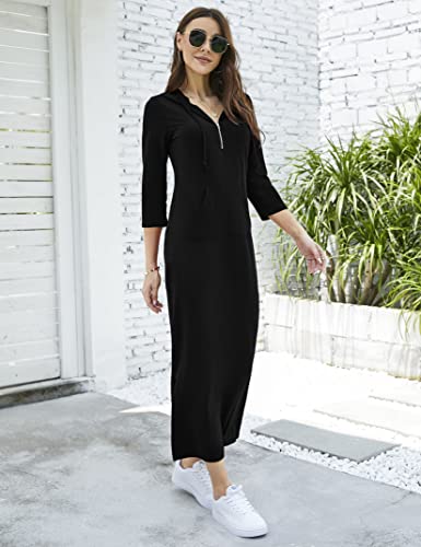 Image of MISSKY Women Casual Pocket Quarter-Zip Neck 3 /4 Sleeve Slim Split Pullover Hoodie Maxi Dress