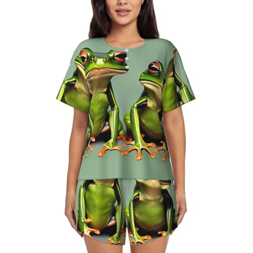 Pyjama manches courtes imprimé grenouilles vertes amusantes pour femme