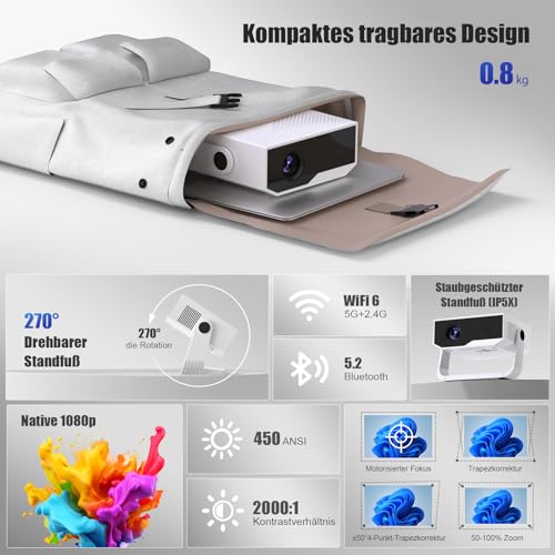 Smart Mini Beamer Android 14 mit 20000 Lumen & WiFi 6 Bluetooth, Beamer 4k Heimkino Auto-Trapezkorrektur & Fokus, 270° Drehbarer Standfuß, Full HD 1080P Projektor für Outdoor & Integrierte Apps