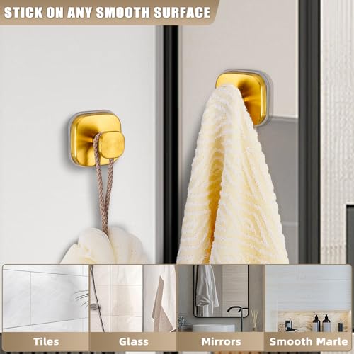 Image of Suction Cup Hooks for Shower - Resuable Bathroom Hooks for Towels, Robes & Loofah - No-Drill Mounting on Kitchen,Walls,Metal,Glass,Mirrors,Tile & Smooth Non-Porous Surfaces (2, Brushed Gold)