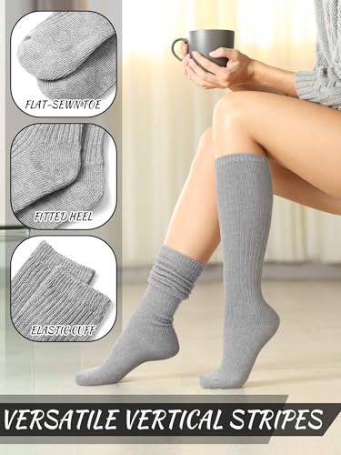 Image of Fourluoo 6 Pack Women Slouch Socks Cotton Knit Scrunch Stacked Knee High Boot Socks for Women
