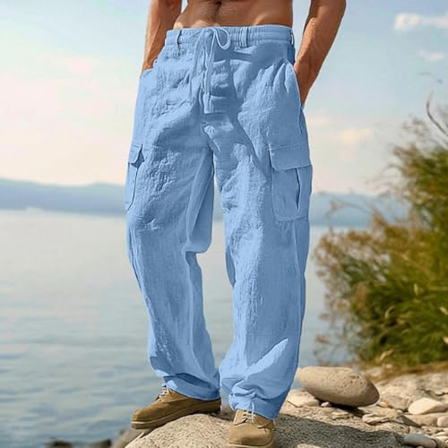 FQZWONG Mens Linen Cargo Pants Lightweight Casual Elastic Waist Pants Relaxed Fit Beach Travel Lounge Trousers with Pockets2