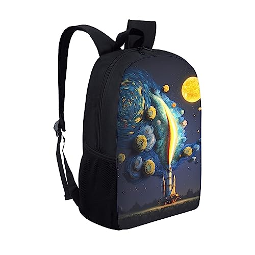 Kids School Backpack Art Oil Painting Book Bags School Bag Bookbag for Teen Youth College Students,Moon Blue Rose Rocket2