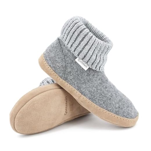 Gottstein Hüttenschuh Dakota aus Mulesing-freier Schaf-Schurwolle – Handgefertigte Hausschuhe aus Wollfilz für Damen & Herren Größe EU 36-47 – Mit hohem Strickbund & gepolsterter Ledersohle Grau, 41