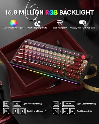 Womier 75％ワイヤレスメカニカルゲーミングキーボード、ノブ＆ディスプレイ付き、Bluetooth 5.0/2.4GHz/USB-C対応、PC用クリーミーな打鍵感のキーボード、8000mAhバッテリー、ホットスワップ対応キー、Win/Mac対応（MT75-赤）