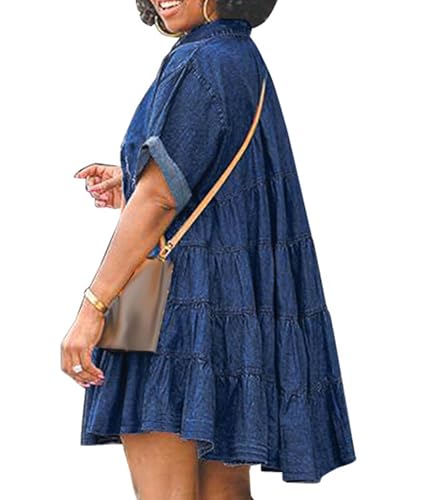 Image of Sexyshine Women's Plus Size Denim Babydoll Dress Short Sleeve Button Down Flowy Tiered Jeans Shirt Dress