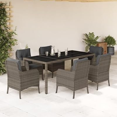 YITHOPI 7 Piece Patio Dining Set with Cushions Gray Poly Rattan Versatile Lounge Furniture Outdoor Lounge Set Patio Furniture Sets Balcony Furniture Sets for patios, Gardens, Decks