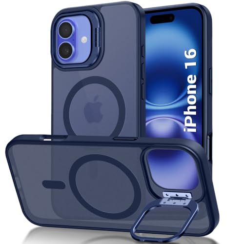 Image of TheGiftKart Hybrid Matte Frosted Back Cover Case for iPhone 16 Compatible with MagSafe | Built-in Stand | Shockproof Hard Back Cover Case for iPhone 16 (PC & TPU, Translucent Blue)