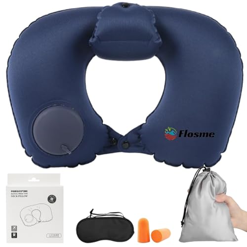 Flosme ネックピロー 超軽量 コンパクト手動プレス式 携帯枕U型【ヘッドレスト付き】ら ダブルバルブ 空気枕 折り畳み 持ち運び便利 首枕 車 新幹線 休憩 オフィス ト 飛行機 長距離 旅行枕 収納ポーチ アイマスク 耳栓付き-ブルー