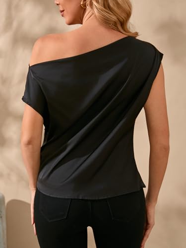 OYOANGLE Women's Satin Off The Shoulder Short Sleeve Asymmetrical Neck Ruched Work Office Blouse Top2