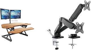 Rocelco 46" Large Height Adjustable Corner Standing Desk Converter & Premium Height Adjustable Double Monitor Arm - Pneumatic Motion Assist Desk Mount, Black