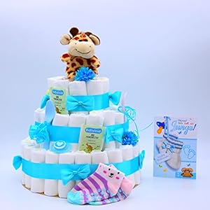 LEDU® Luiertaart Giraffe “Gabi” | 3 etages | turquoise | met veel accessoires | perfect voor de babyshower | 47 luiers | 42 cm hoog