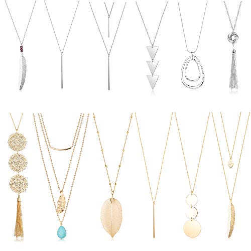 Adramata 12 Pcs Long Pendant Necklace Set for Women Y Tassel Leaf Circle Simple Bar Necklace