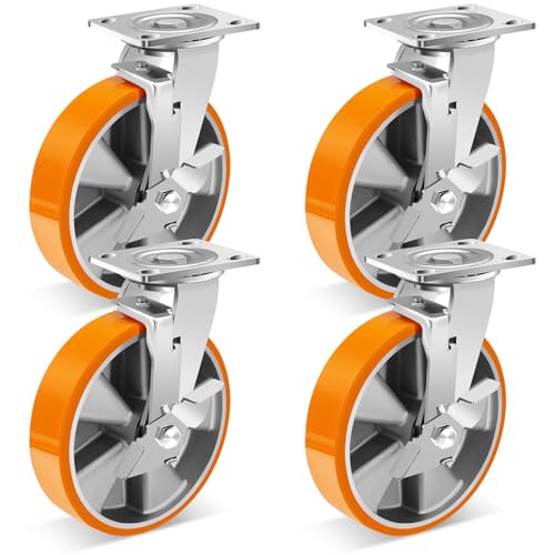 W B D WEIBIDA 8-Inch Industrial Grade Casters Wheels, Heavy Duty Casters Set of 4 with Brake 6000 LBS, Maintenance-Free Polyurethane on Aluminum Wheels, Plate Swivel Casters for Industrial