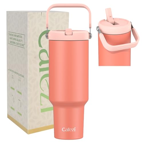 Cafezi 40 oz Insulated Tumbler with Top Handle and Flip Straw, Vacuum Insulated Stainless Steel Cup with Leak-Proof Lid, Sweat-Free, Fits Cup Holder, Keeps Ice Cold up to 30 Hours by Cafezi - Used condition - US$15.84
