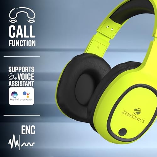 Image of ZEBRONICS Thunder Bluetooth Wireless On Ear Headphone FM, mSD, 60hrs Playback with Mic (Neon Yellow)
