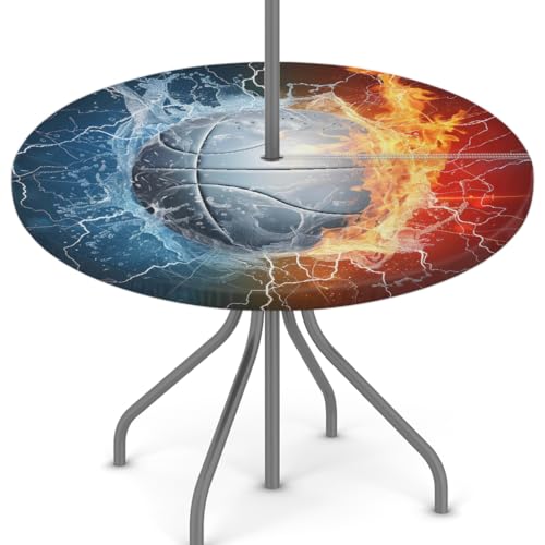 Woltant Mantel redondo con agujero para sombrilla y cremallera, fácil de limpiar, con bordes elásticos, protector de mesa para jardín, patio, barbacoa (bola de agua de fuego)