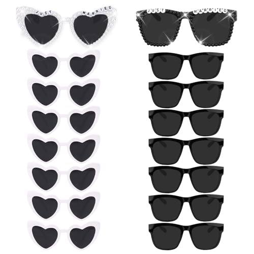 Uintoon Just Married Decorations 16 Pairs Bride and Groom Sunglasses Bulk Pearl Heart Bride Sunglasses and Pearl Groom Glasses Wedding Day Accessories Bachelorette Party Favors Photo Booth Props
