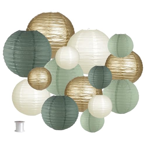 WOKATFI 15 Pcs Sage Green Gold Paper Lanterns, Reusable Round Hanging Decorations, Chinese/Japanese Paper Lamp for Birthday Party Supplies, Rustic Party, Bridal Shower, Wedding, Home, Outdoor