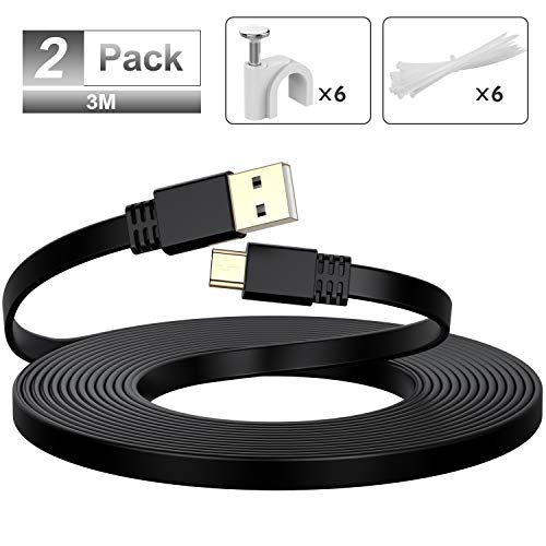 Câble d'alimentation Micro USB 3M (Paquet de 2), Cordon d'alimentation de Charge Micro USB Plat de 10ft, Chargeur pour Neos Smartcam, Nest Cam, Caméra Blink XT, Furbo Dog, Arlo Q, Netvue, Xbox One
