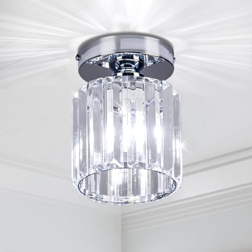 FRIXCHUR Chrome Small Crystal Chandelier, Flush Mount E26 Ceiling Light