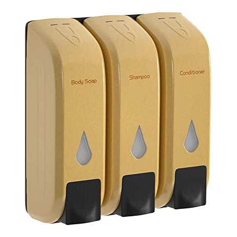 KSITEX Shampoo and Conditioner Dispenser for Shower Wall, Shower Soap Dispenser, Bathroom Wall Mounted No Drill 3 Chamber (Golden) Cover