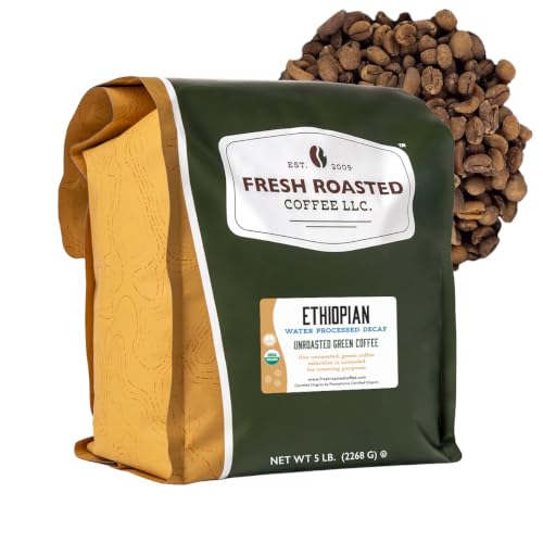 Fresh Roasted Coffee, Organic Ethiopian Water-Processed Decaf Unroasted Green Coffee Beans for Home Roasting, USDA Organic, 100% Single Origin, Kosher, 5 lb (80 oz)
