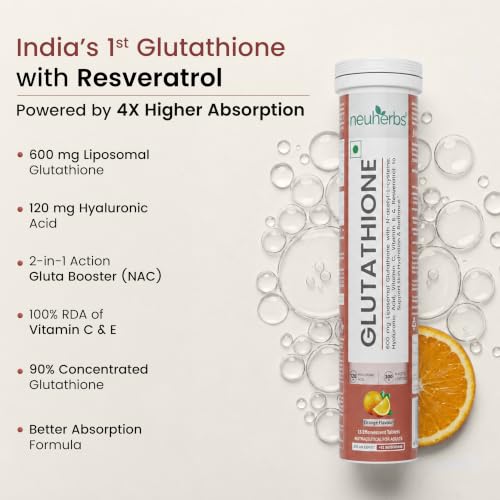 Image of Neuherbs Glutathione 600mg - 15 Effervescent Tablets For Healthy & Glowing Skin | L-Glutathione Tablet, Liposomal glutathione with resveratrol, Vitamin C & E For Skin Glow, Hydration & Anti Pigmentation | Orange Flavour